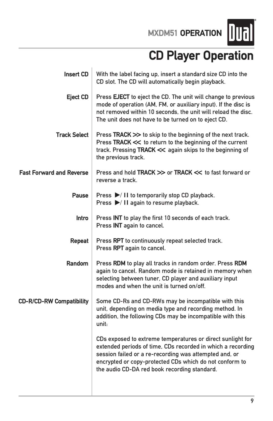 Dual MXDM51 owner manual CD Player Operation 